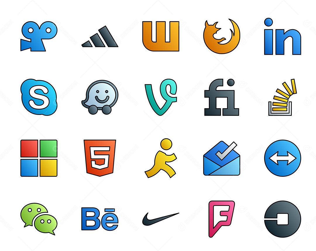 Pacote de 20 Ícones de Mídia Social Colorido Ilustração Vetor EPS