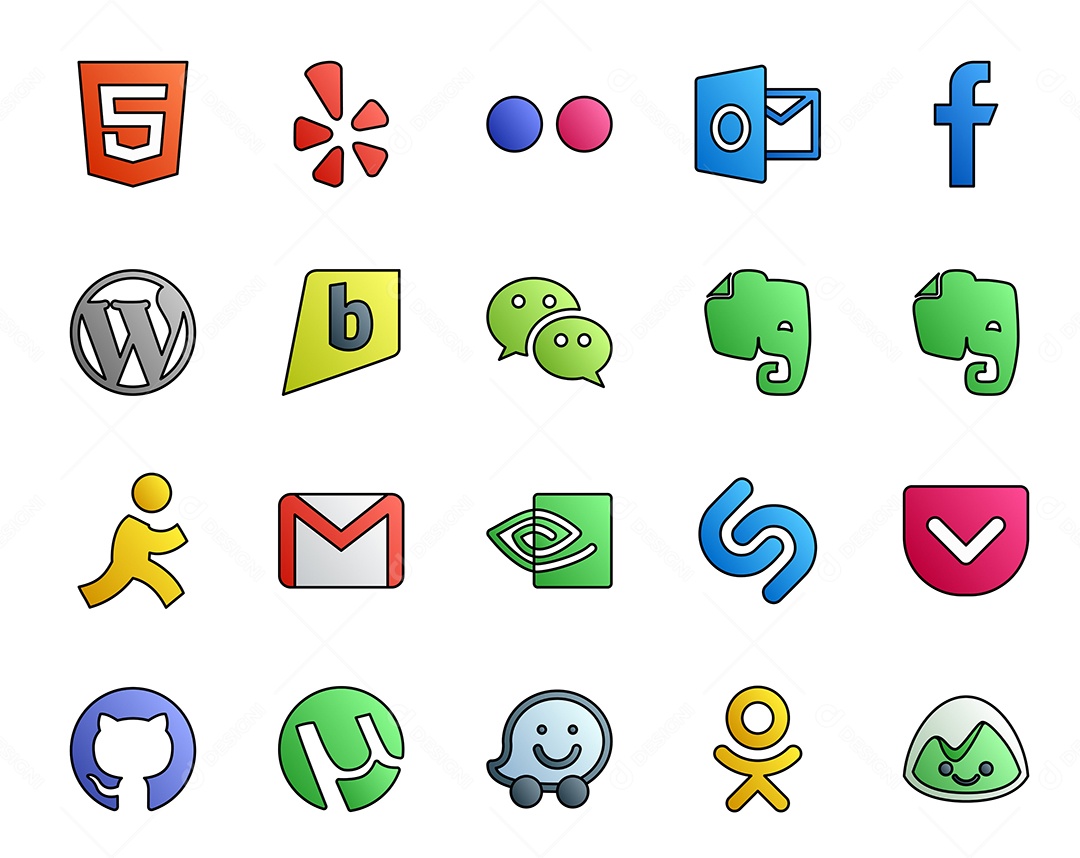 Pacote de 20 Ícones de Mídia Social Colorido Ilustração Vetor EPS