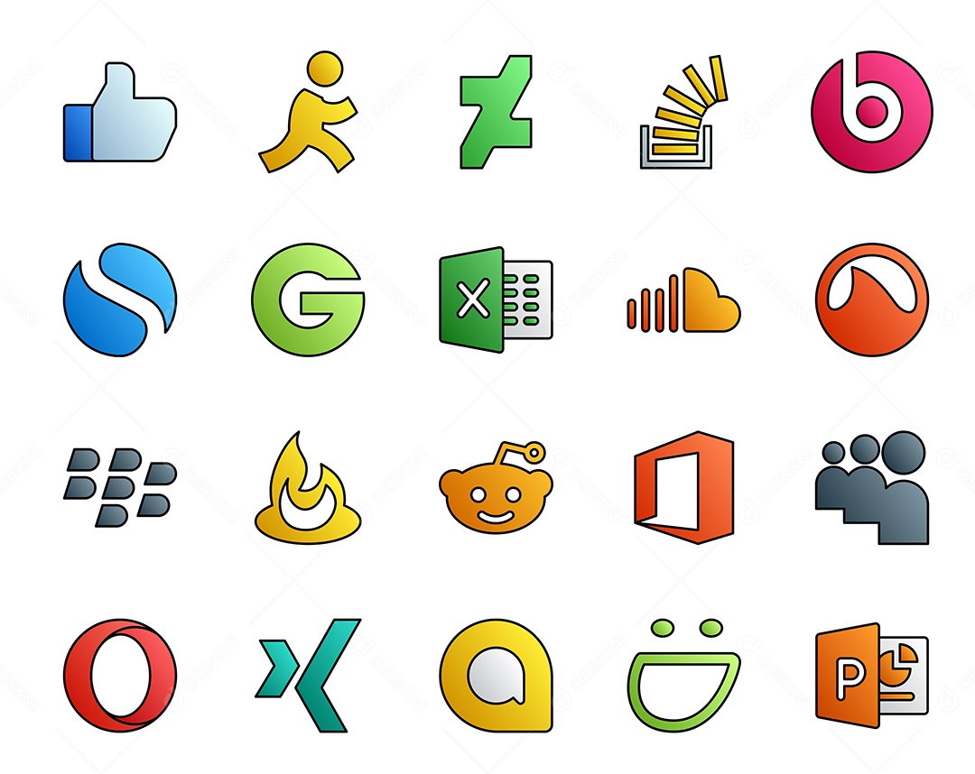 Pacote de 20 Ícones de Mídia Social Colorido Ilustração Vetor EPS