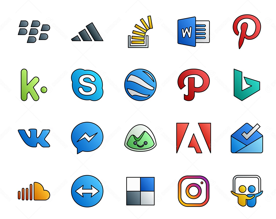 Pacote de 20 Ícones de Mídia Social Colorido Ilustração Vetor EPS