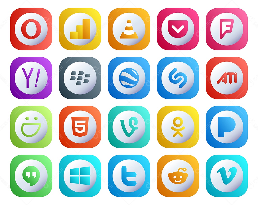 Pacote de 20 Ícones de Mídia Social Colorido Ilustração Vetor EPS