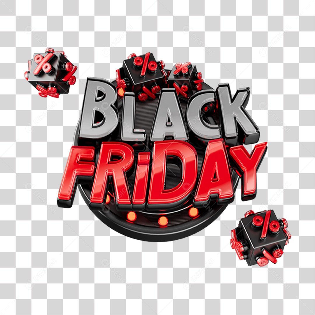 Logo 3D Black Friday Vermelho e Preto com Elementos de Desconto PNG Transparente