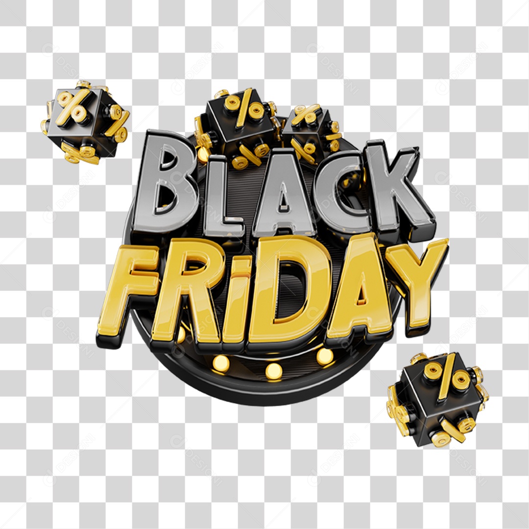 Logo Black Friday Dourado com Texto 3D e Símbolos de Porcentagem PNG Transparente