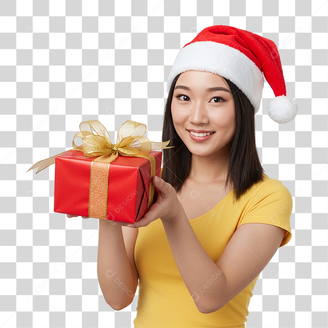 Mulher com Gorro e Caixa de Presente para o Natal PNG Transparente