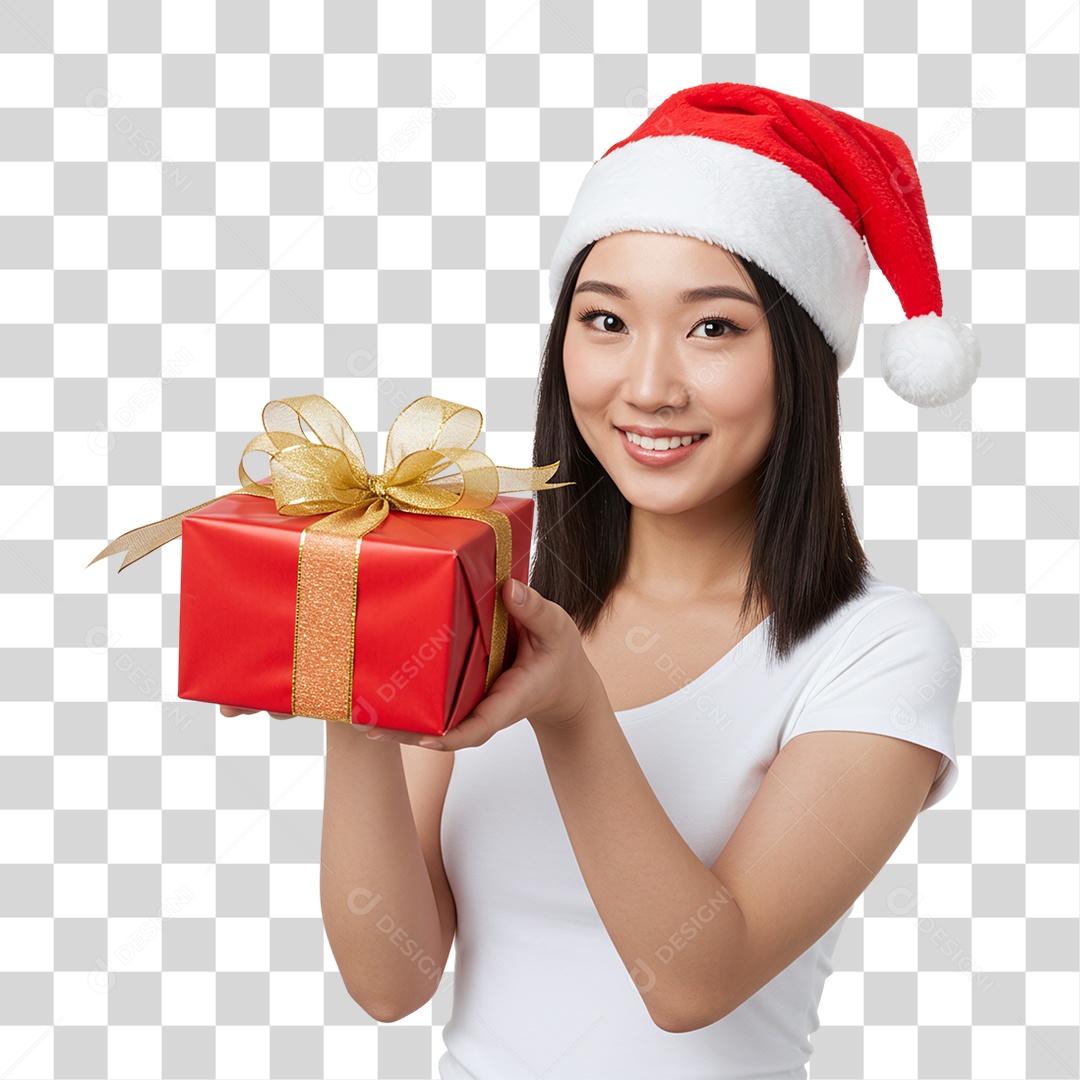 Mulher com Gorro e Caixa de Presente para o Natal PNG Transparente