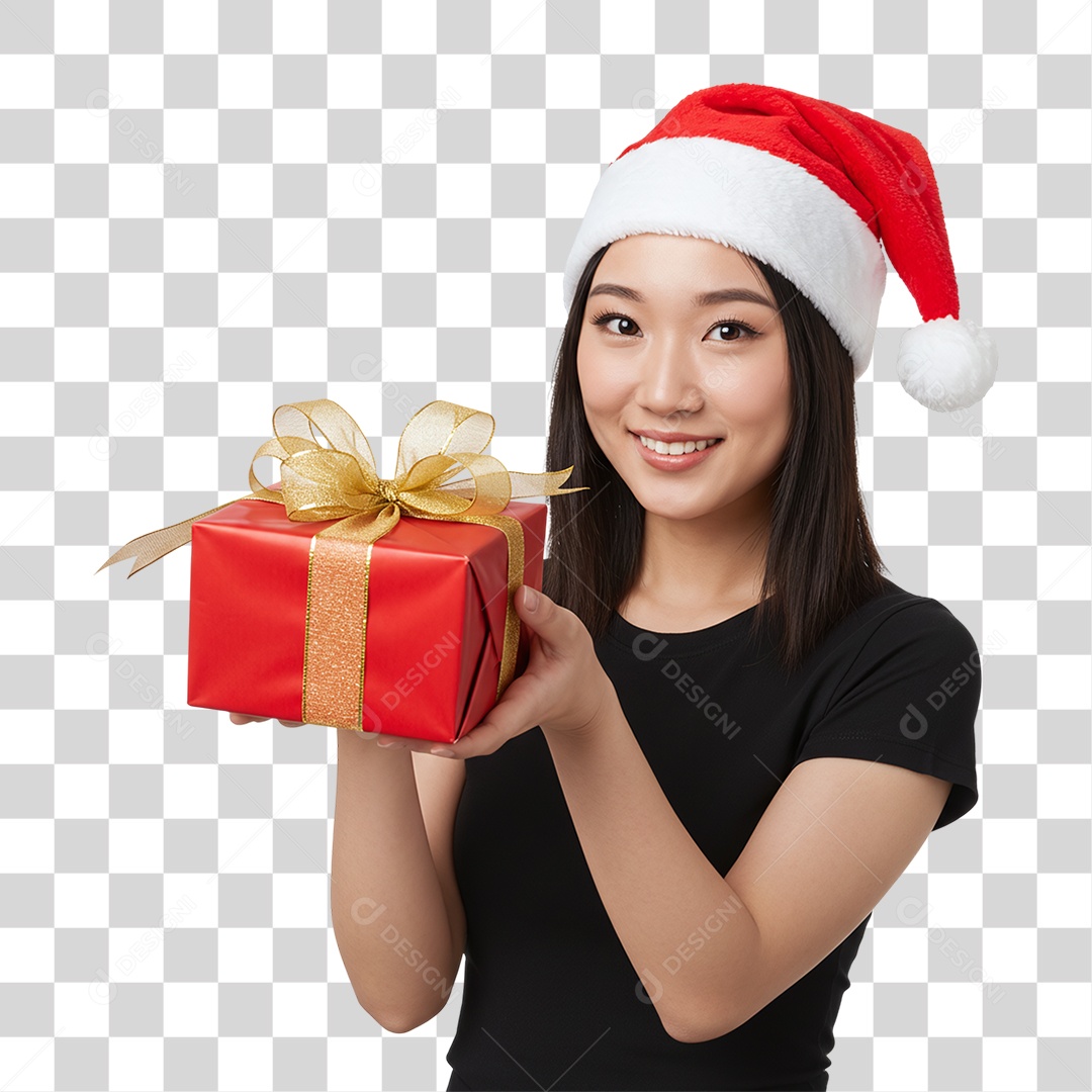 Mulher com Gorro e Caixa de Presente para o Natal PNG Transparente