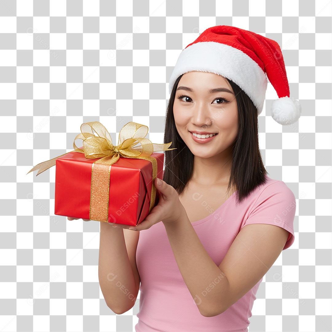 Mulher com Gorro e Caixa de Presente para o Natal PNG Transparente
