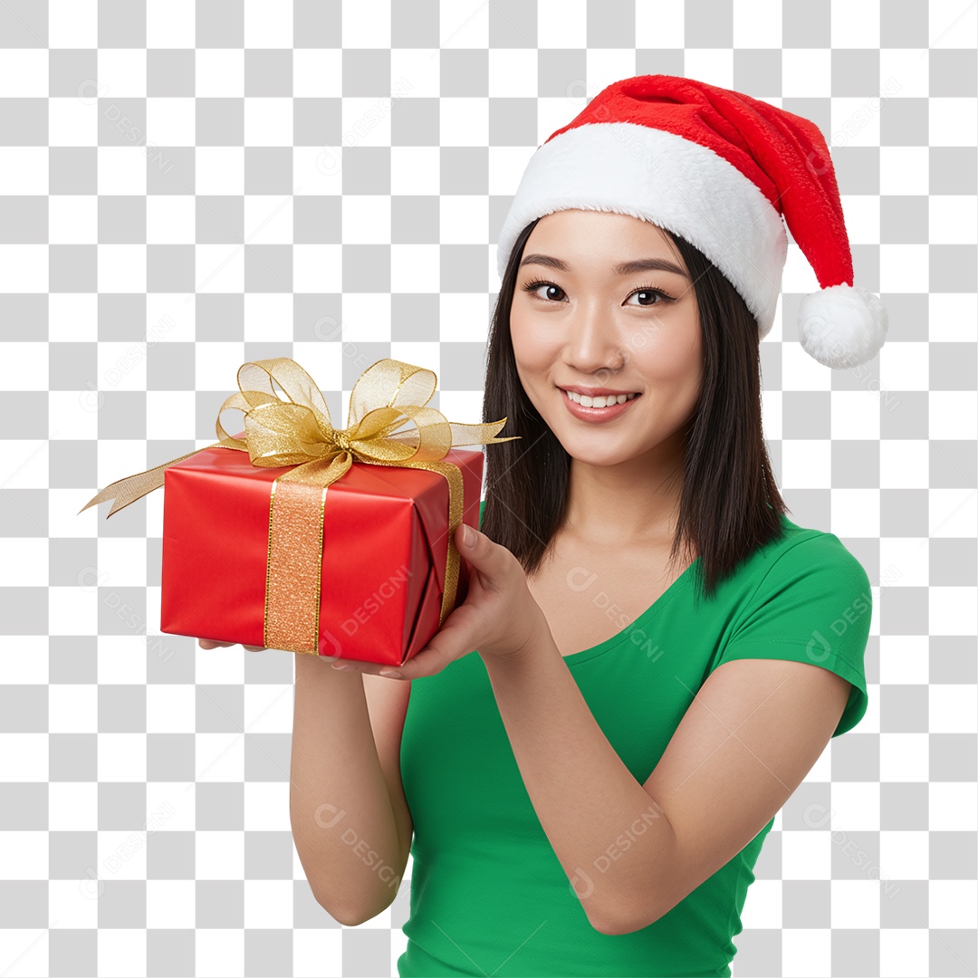 Mulher com Gorro e Caixa de Presente para o Natal PNG Transparente