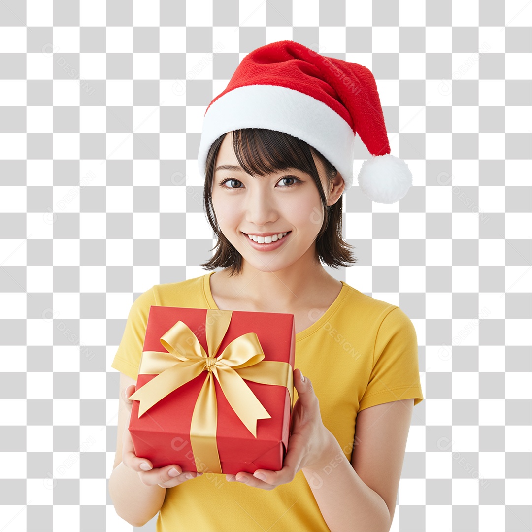 Mulher com Gorro e Caixa de Presente para o Natal PNG Transparente
