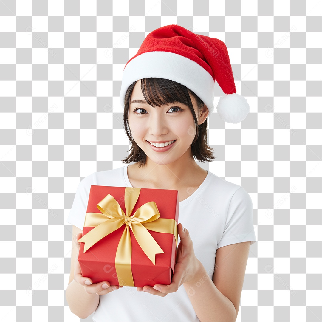 Mulher com Gorro e Caixa de Presente para o Natal PNG Transparente