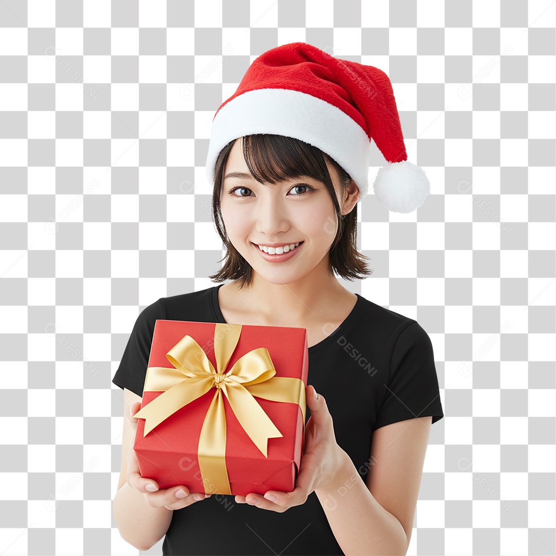 Mulher com Gorro e Caixa de Presente para o Natal PNG Transparente