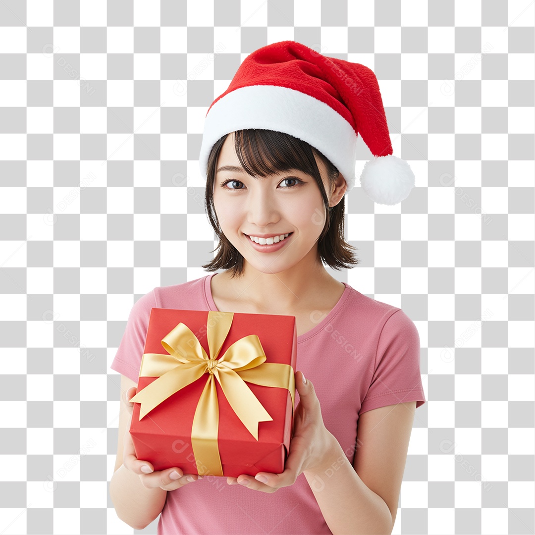 Mulher com Gorro e Caixa de Presente para o Natal PNG Transparente