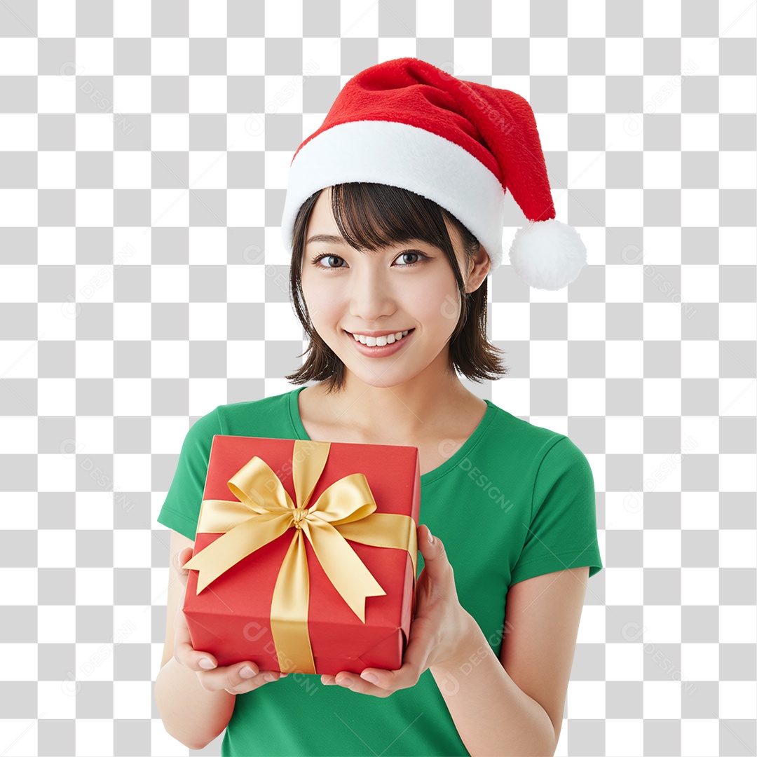 Mulher com Gorro e Caixa de Presente para o Natal PNG Transparente