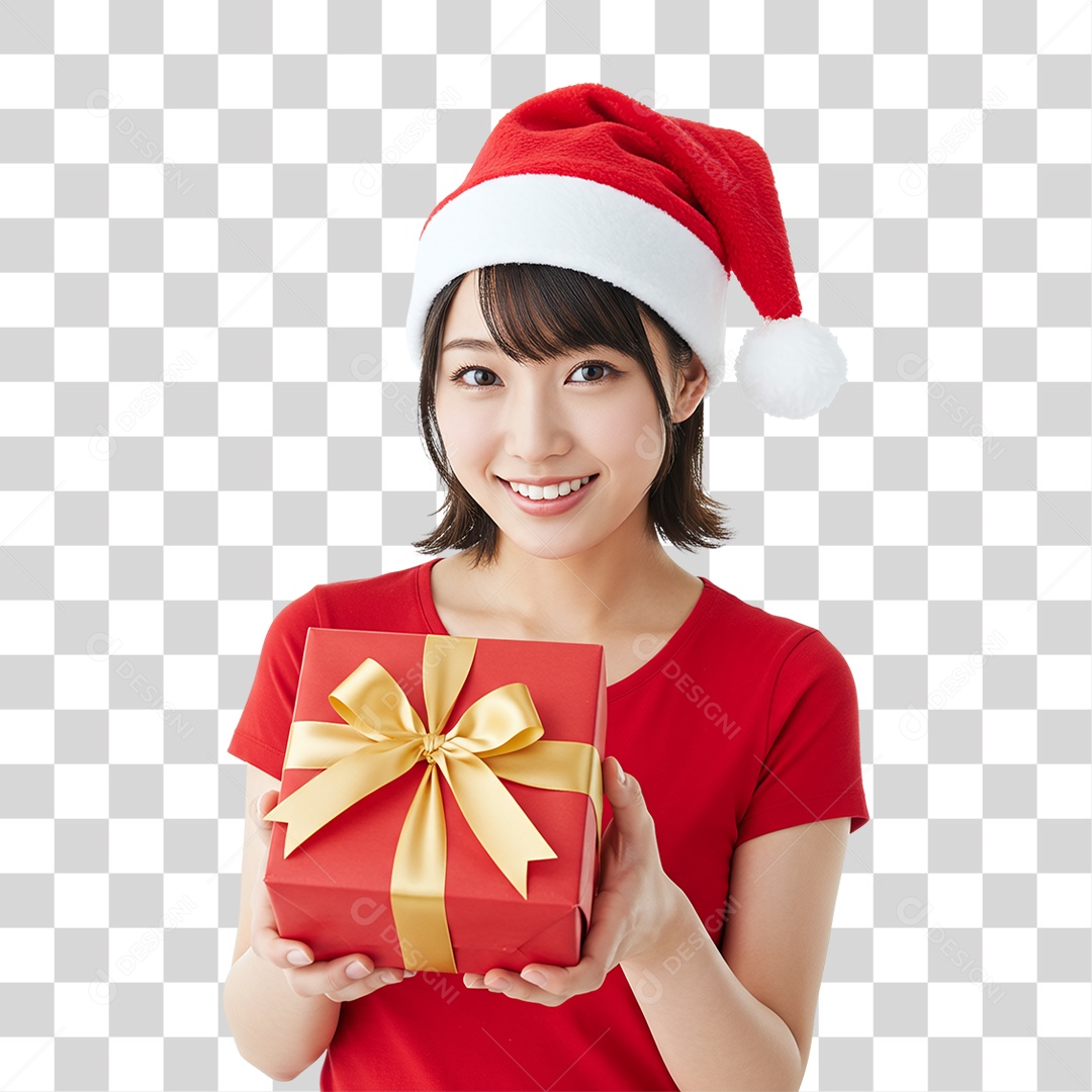Mulher com Gorro e Caixa de Presente para o Natal PNG Transparente