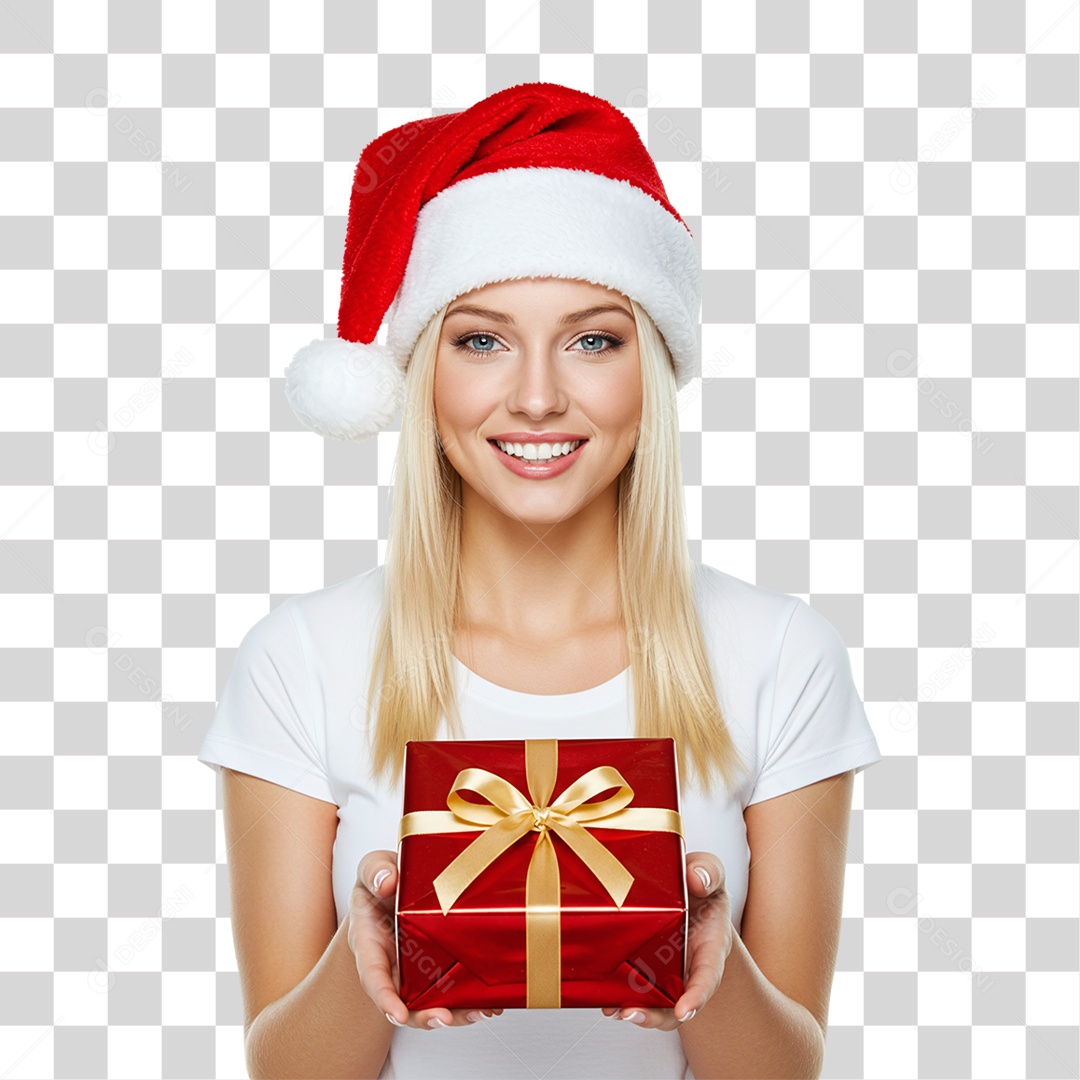 Mulher com Gorro e Caixa de Presente para o Natal PNG Transparente