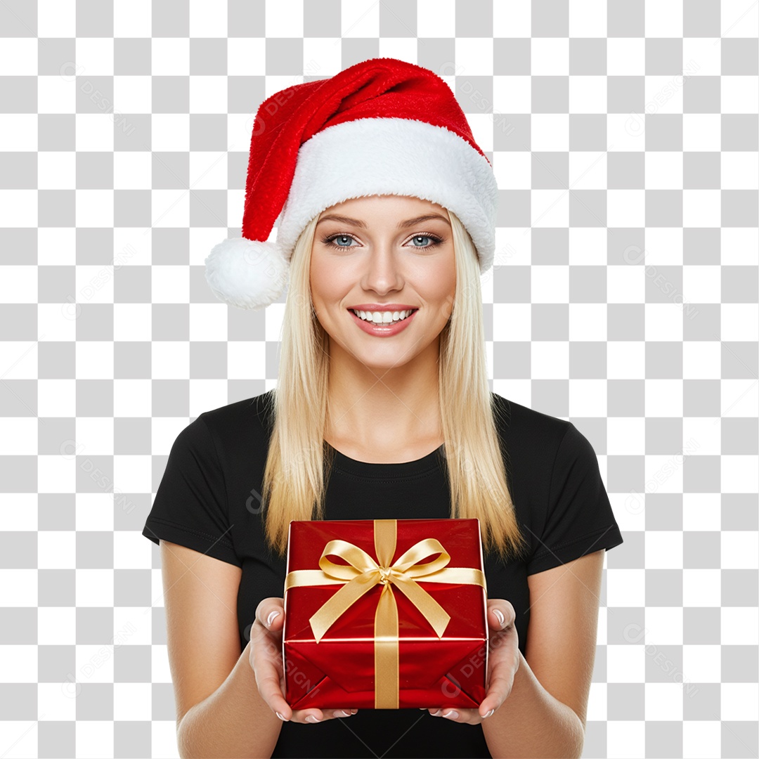 Mulher com Gorro e Caixa de Presente para o Natal PNG Transparente