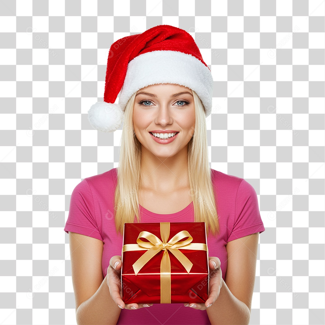 Mulher com Gorro e Caixa de Presente para o Natal PNG Transparente