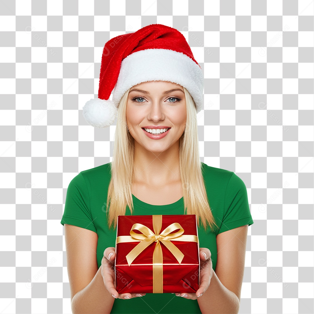 Mulher com Gorro e Caixa de Presente para o Natal PNG Transparente