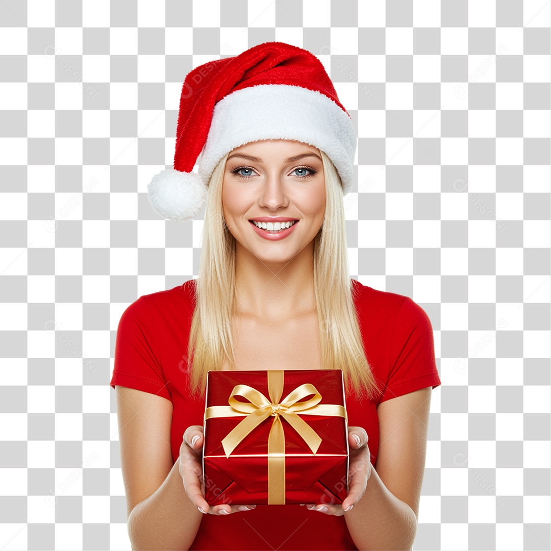 Mulher com Gorro e Caixa de Presente para o Natal PNG Transparente