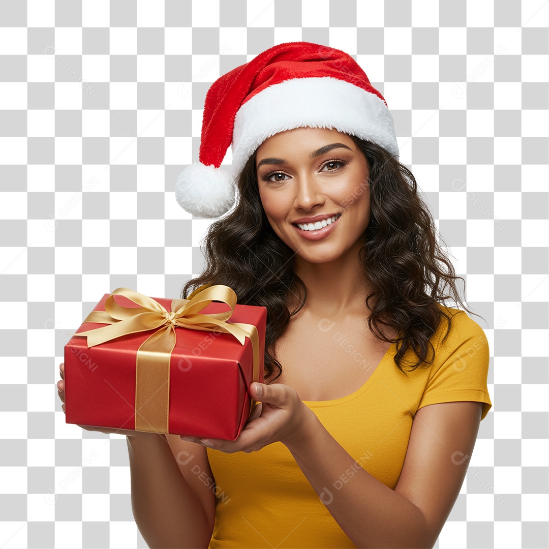 Mulher com Gorro e Caixa de Presente para o Natal PNG Transparente