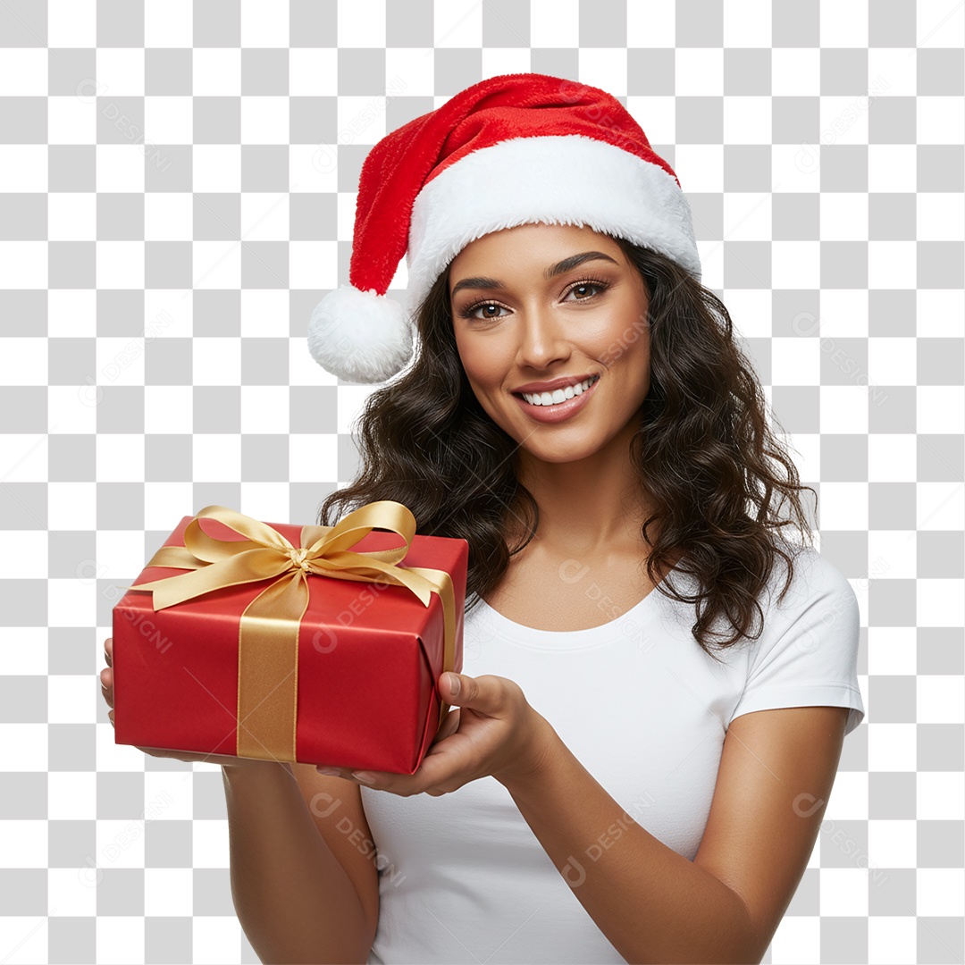 Mulher com Gorro e Caixa de Presente para o Natal PNG Transparente