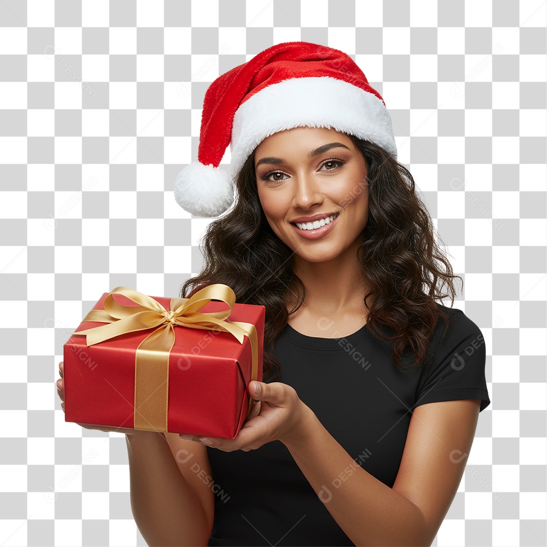 Mulher com Gorro e Caixa de Presente para o Natal PNG Transparente
