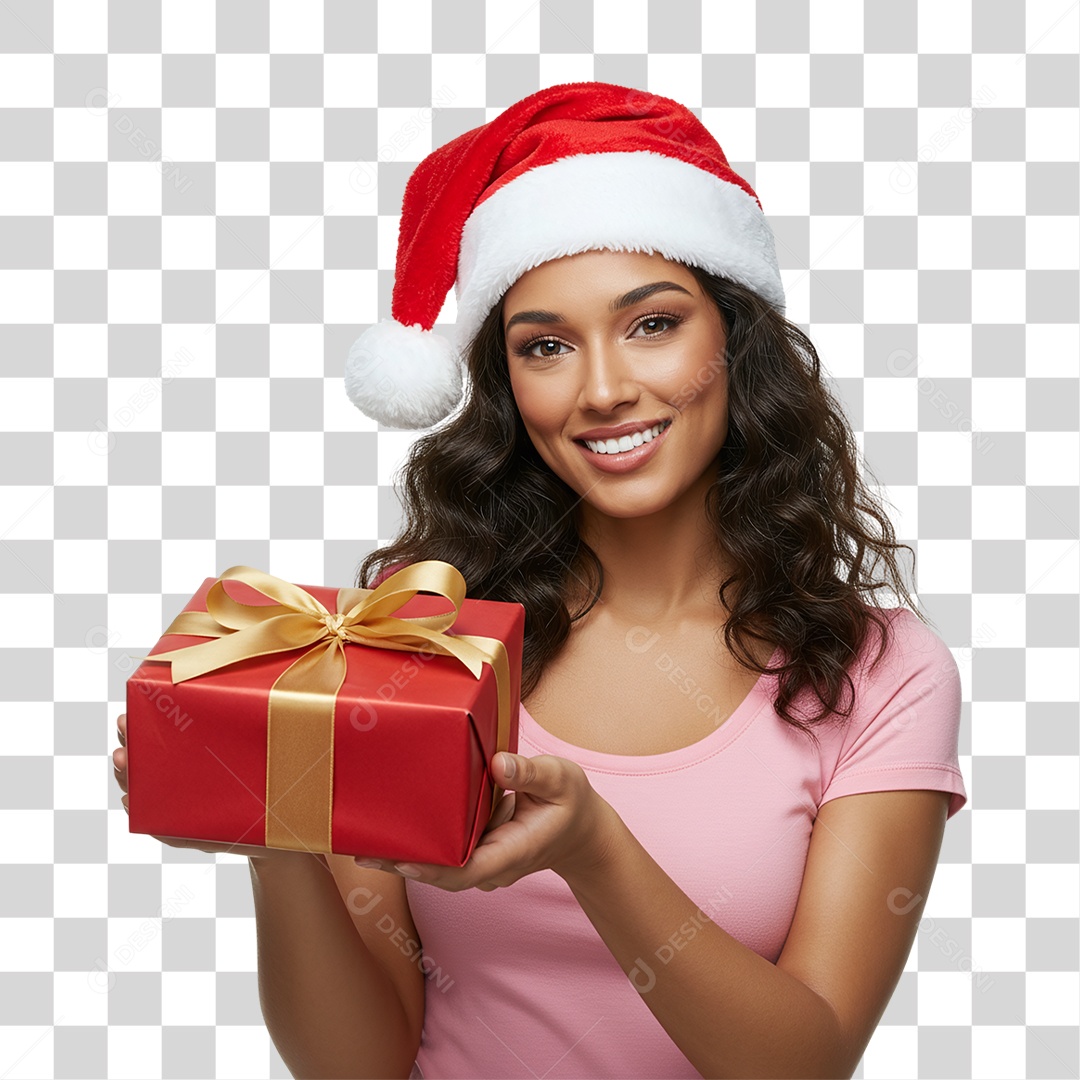 Mulher com Gorro e Caixa de Presente para o Natal PNG Transparente