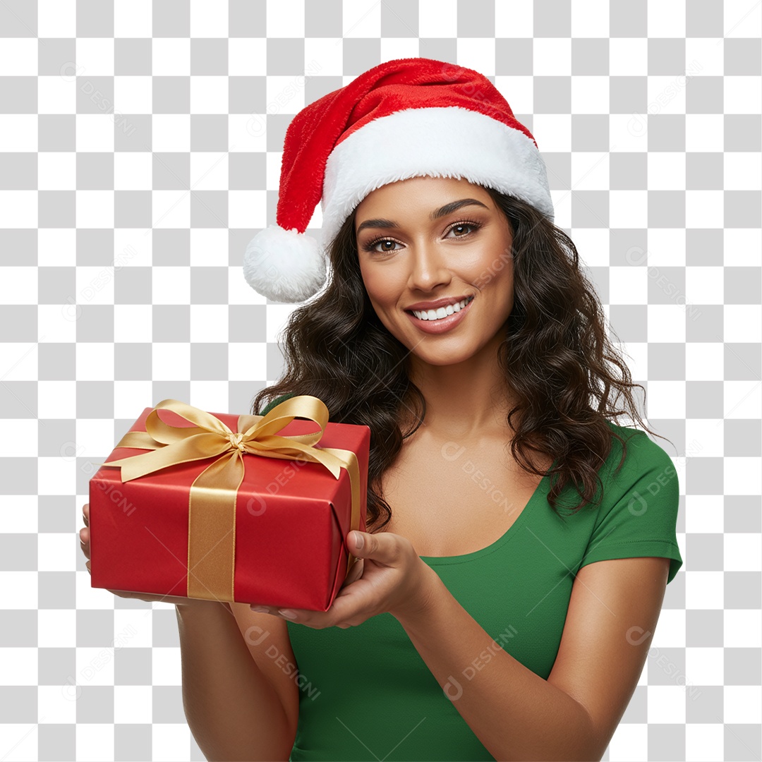 Mulher com Gorro e Caixa de Presente para o Natal PNG Transparente