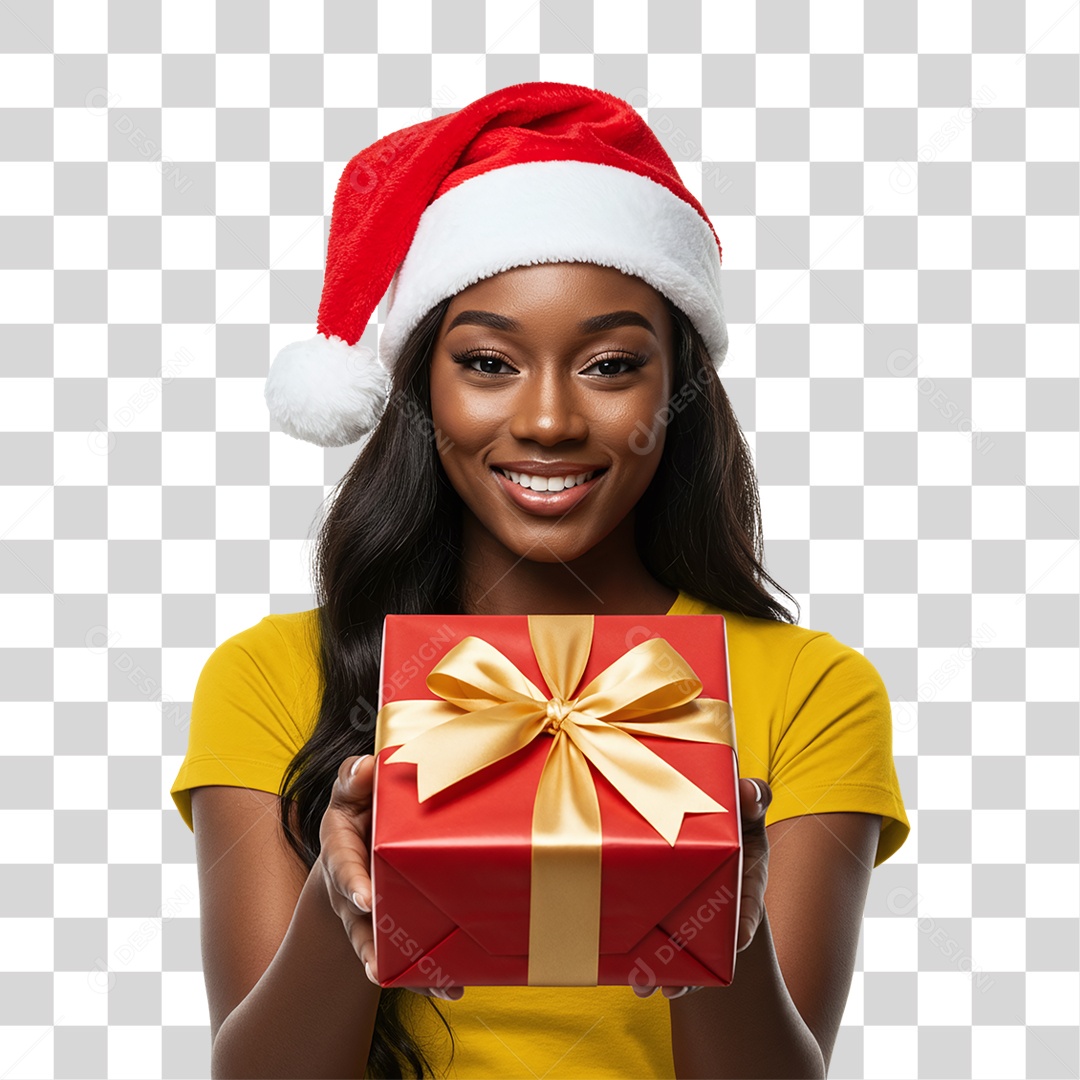 Mulher com Gorro e Caixa de Presente para o Natal PNG Transparente