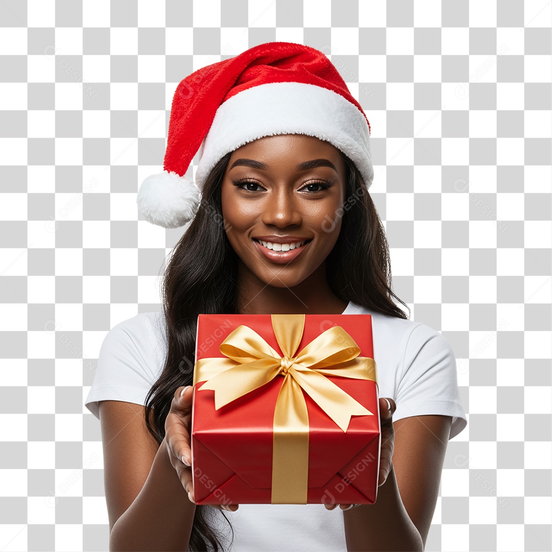 Mulher com Gorro e Caixa de Presente para o Natal PNG Transparente