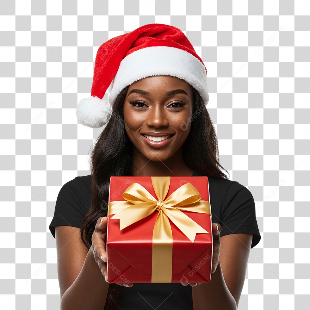 Mulher com Gorro e Caixa de Presente para o Natal PNG Transparente