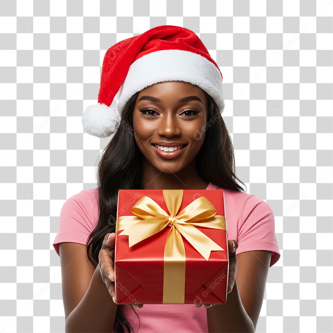 Mulher com Gorro e Caixa de Presente para o Natal PNG Transparente