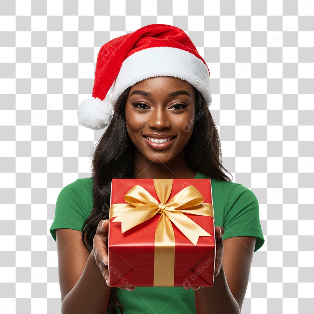 Mulher com Gorro e Caixa de Presente para o Natal PNG Transparente