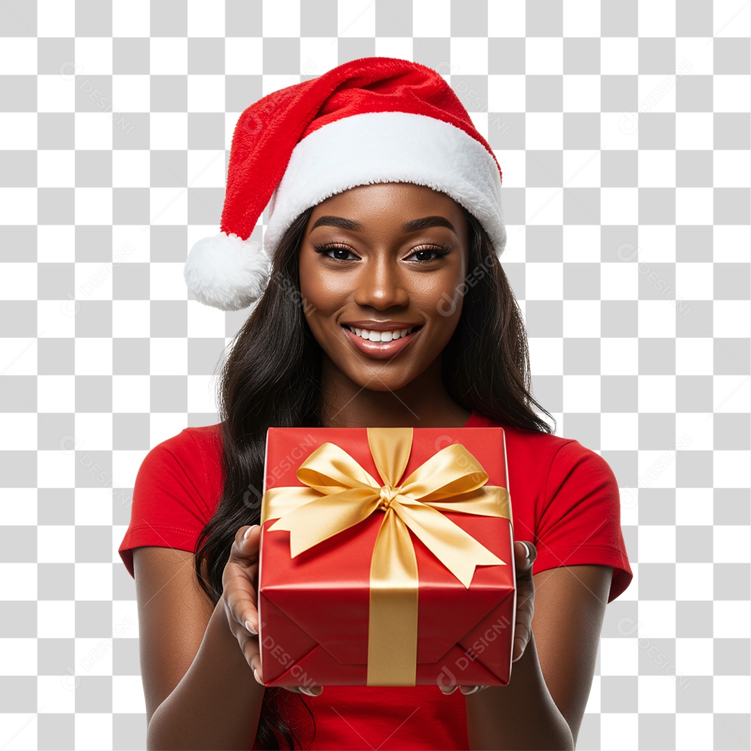 Mulher com Gorro e Caixa de Presente para o Natal PNG Transparente