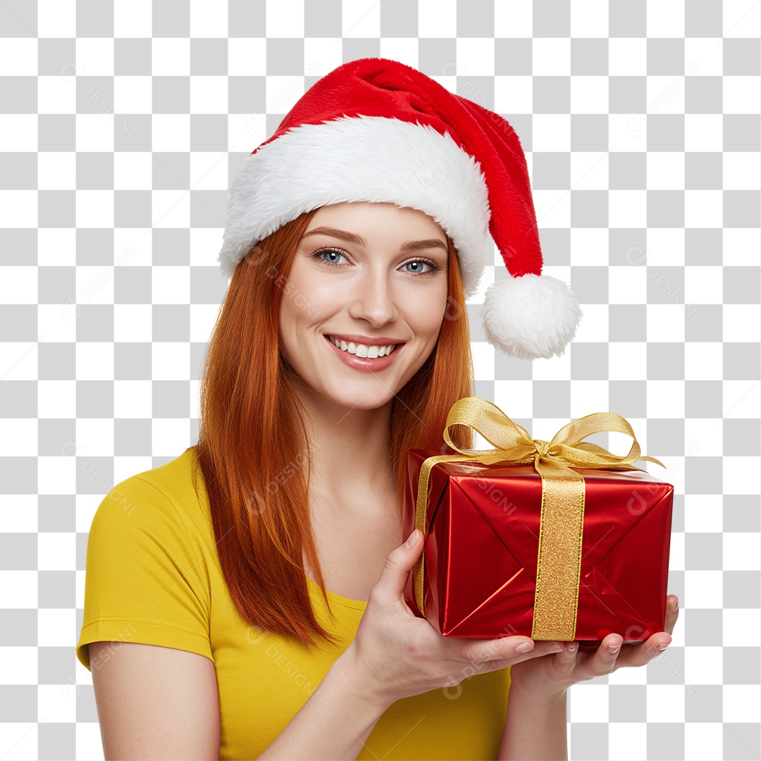 Mulher com Gorro e Caixa de Presente para o Natal PNG Transparente