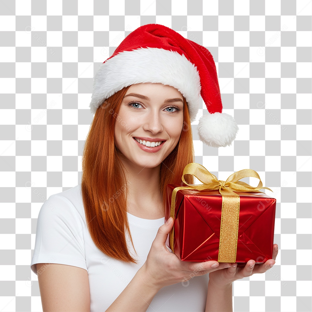 Mulher com Gorro e Caixa de Presente para o Natal PNG Transparente