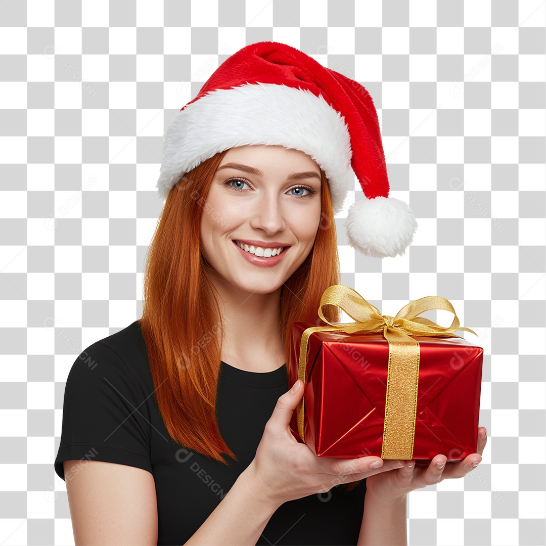 Mulher com Gorro e Caixa de Presente para o Natal PNG Transparente