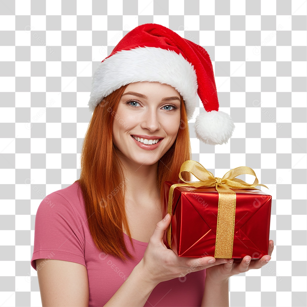 Mulher com Gorro e Caixa de Presente para o Natal PNG Transparente