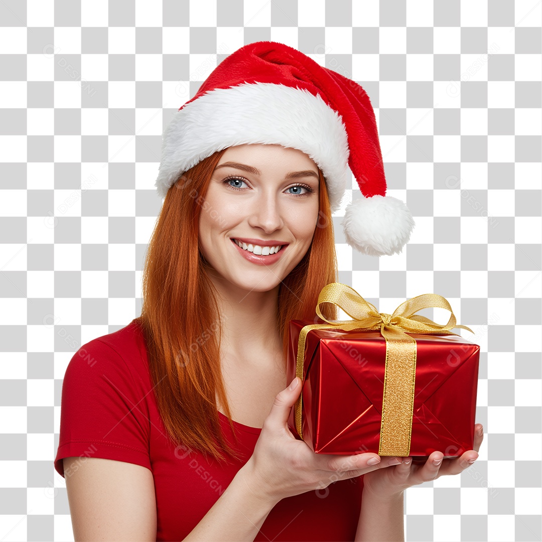 Mulher com Gorro e Caixa de Presente para o Natal PNG Transparente
