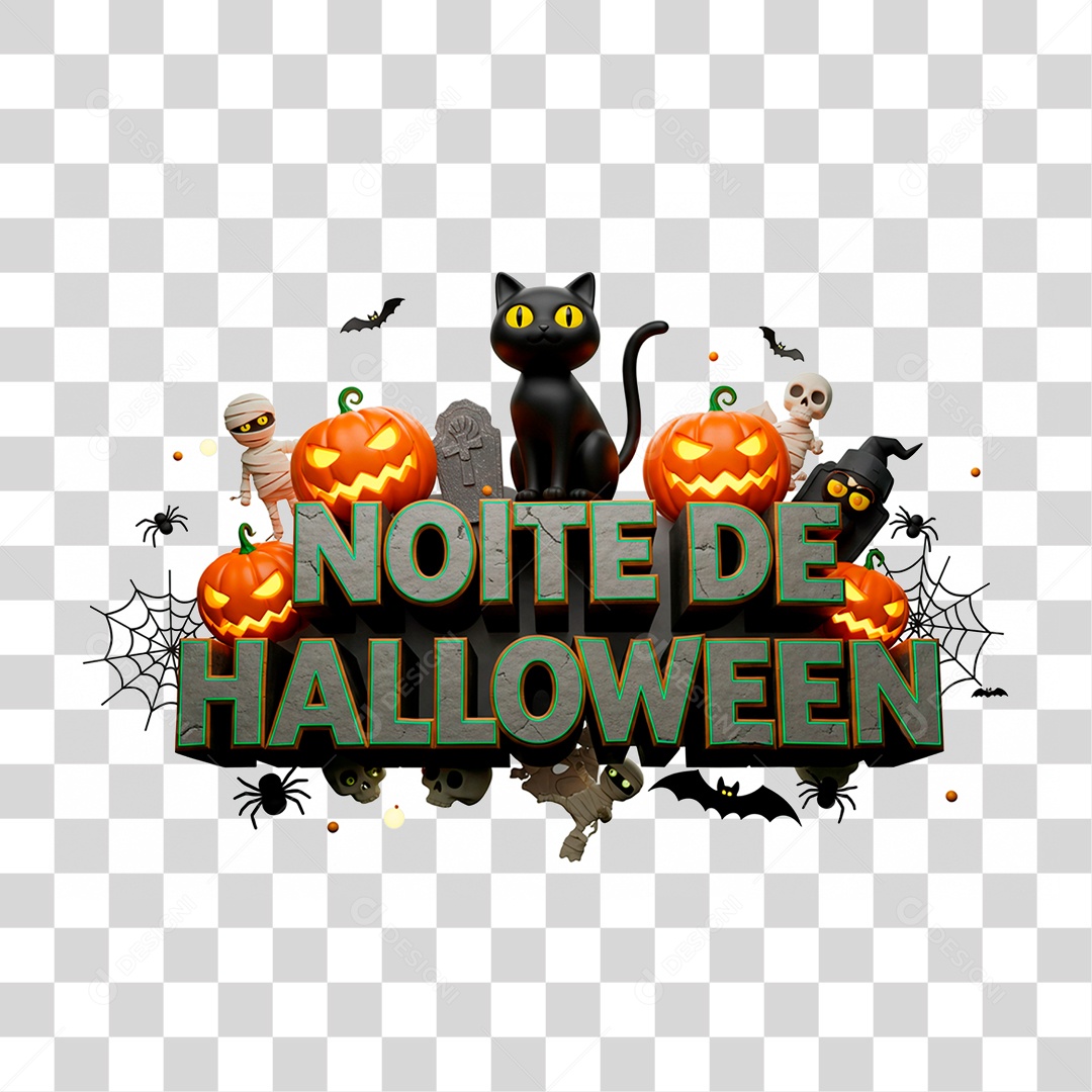 Selo 3D Noite de Halloween para Composição PNG Transparente