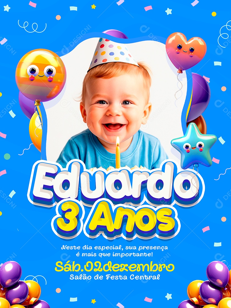 Convite de Aniversário 3 Aninho Social Media PSD Editável