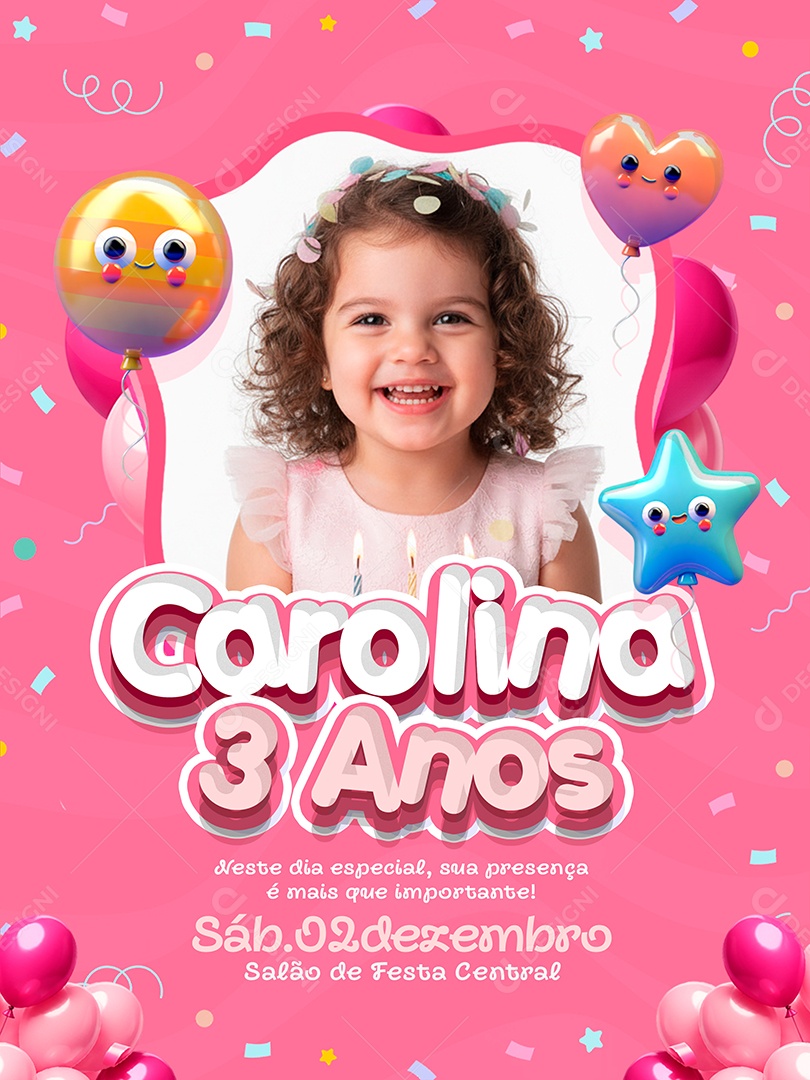 Convite de Aniversário 3 Aninho Social Media PSD Editável