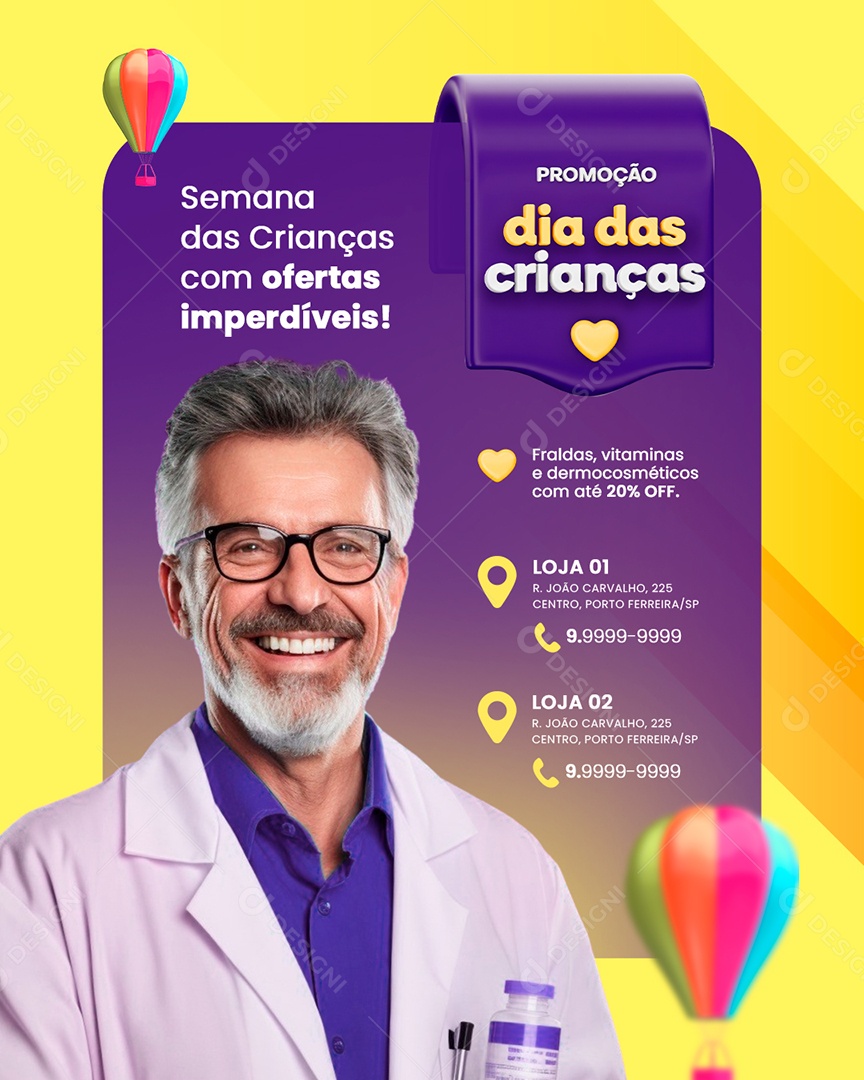 Farmácia Promoção Dia das Crianças Semana das Crianças com Ofertas Social Media PSD Editável