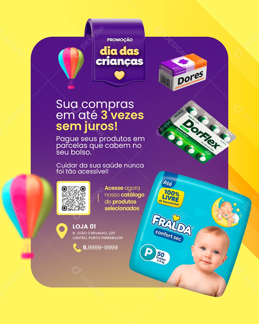 Farmácia Promoção Dia das Crianças Sua Compras em Até 3 Vezes Sem Juros Social Media PSD Editável
