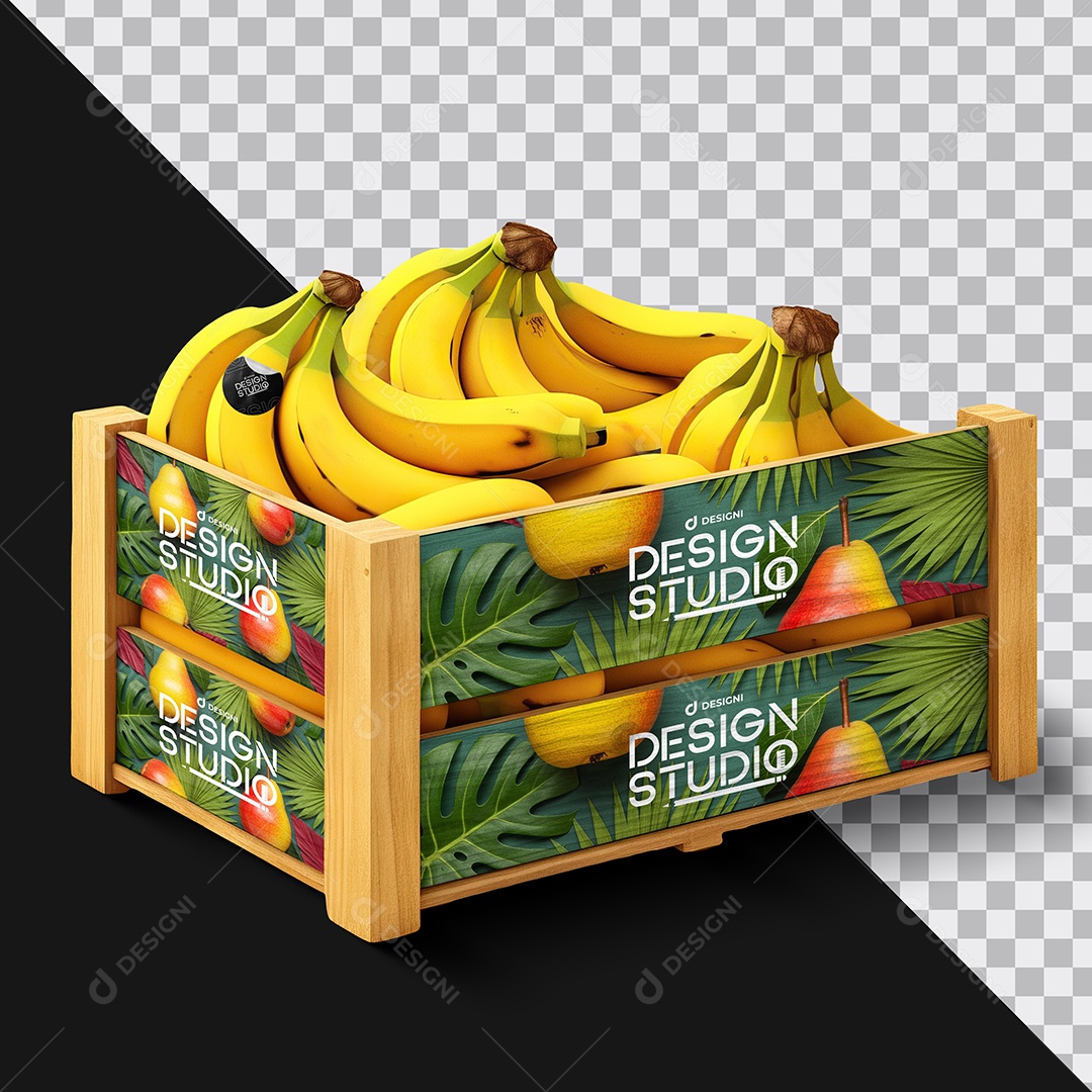 Mockup Caixote de Feira de Madeira com Banana PSD Editável