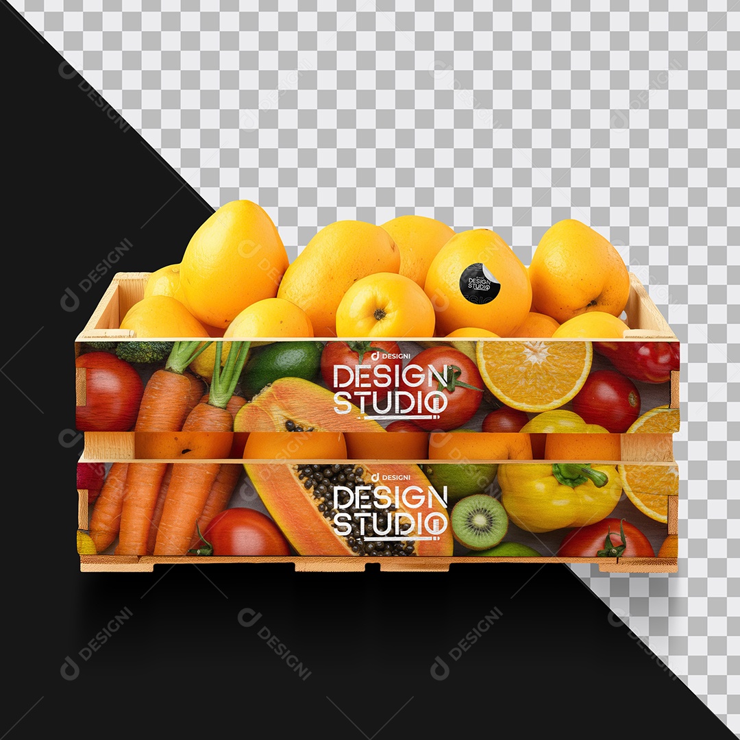 Mockup Caixote de Feira de Madeira com Laranja PSD Editável