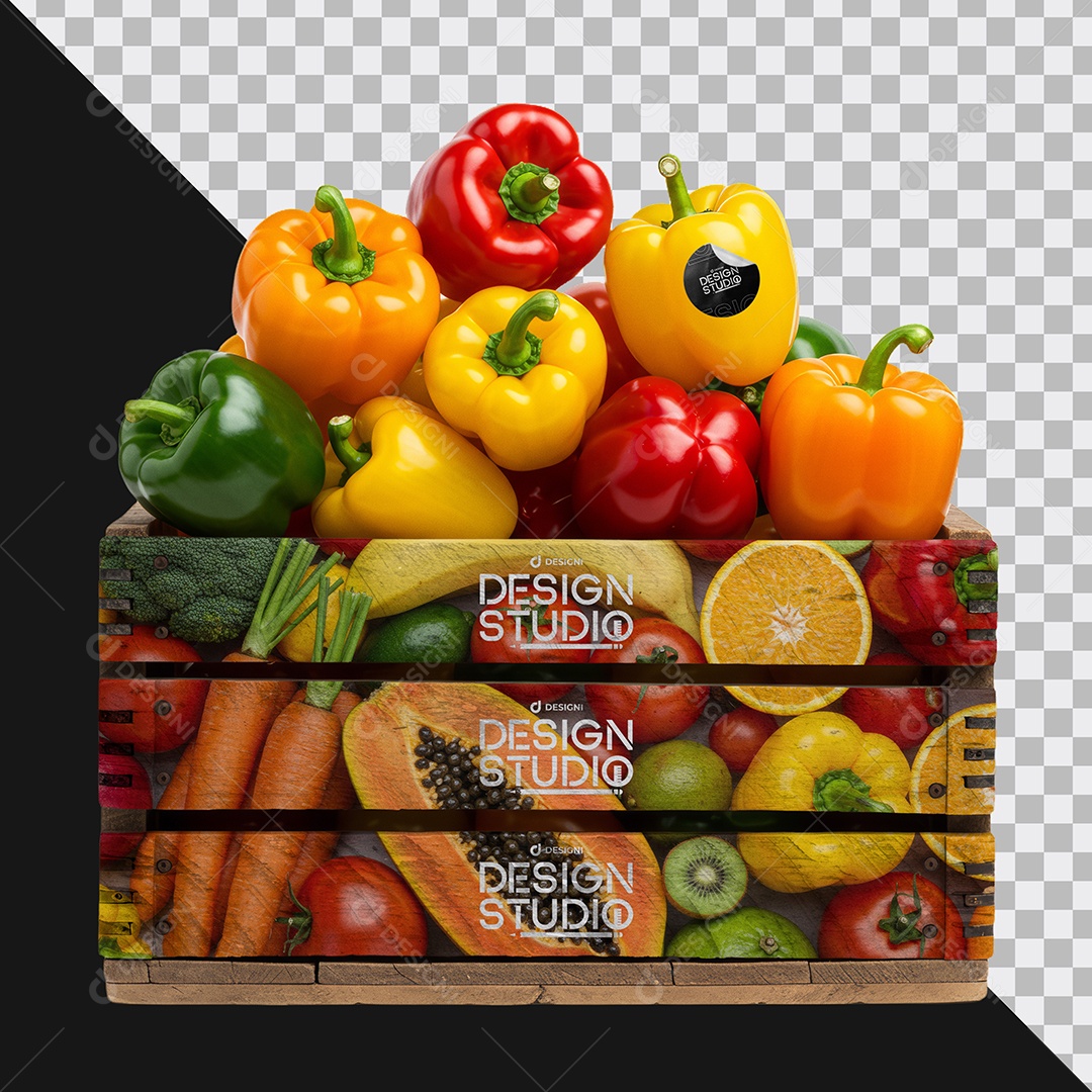 Mockup Caixote de Feira de Madeira com Legumes PSD Editável