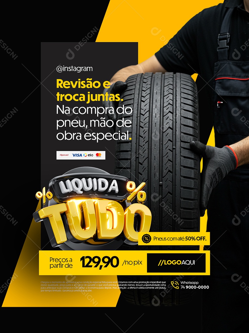 Liquida Tudo Loja de Pneus Revisão e Troca Juntas Social Media PSD Editável
