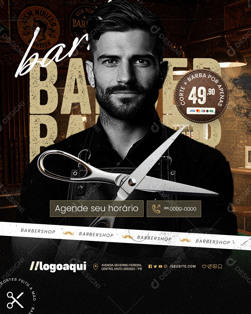Barbearia Corte Mais Barba Agende seu Horário Social Media PSD Editável