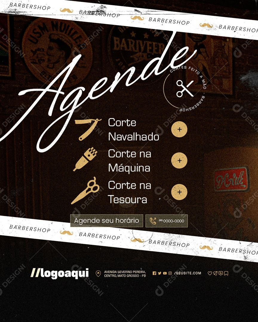 Barbearia Agende Corte Navalhado Corte na Máquina Social Media PSD Editável